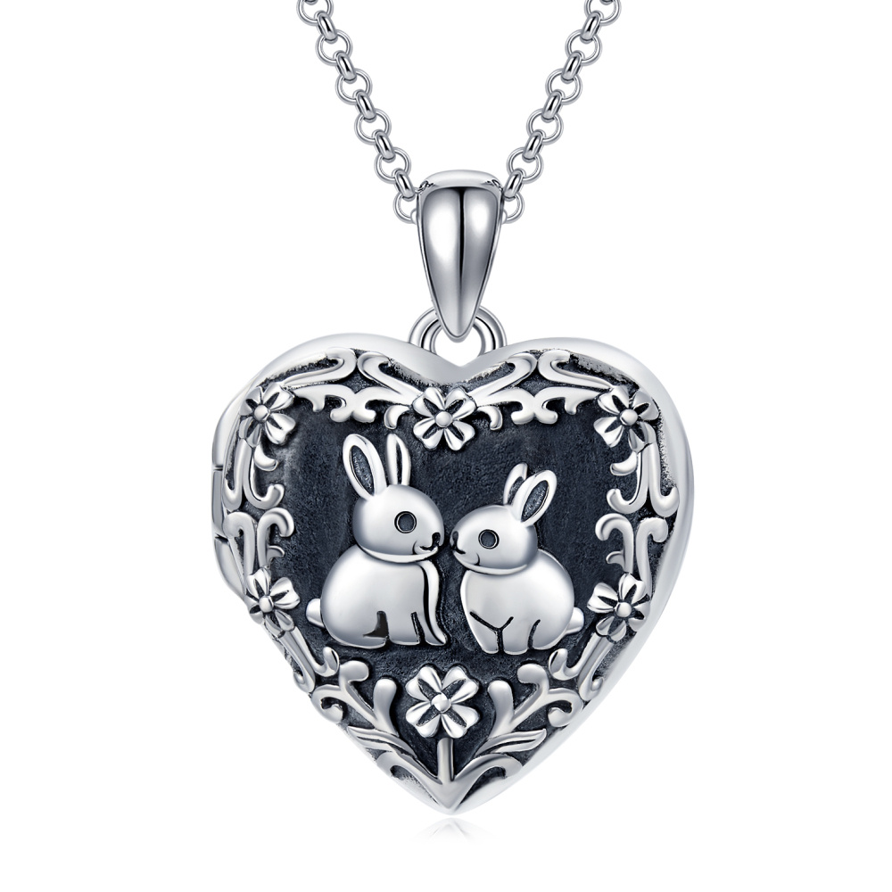 Colar de prata esterlina com medalhão fotográfico personalizado com coelho e coração e pal-1
