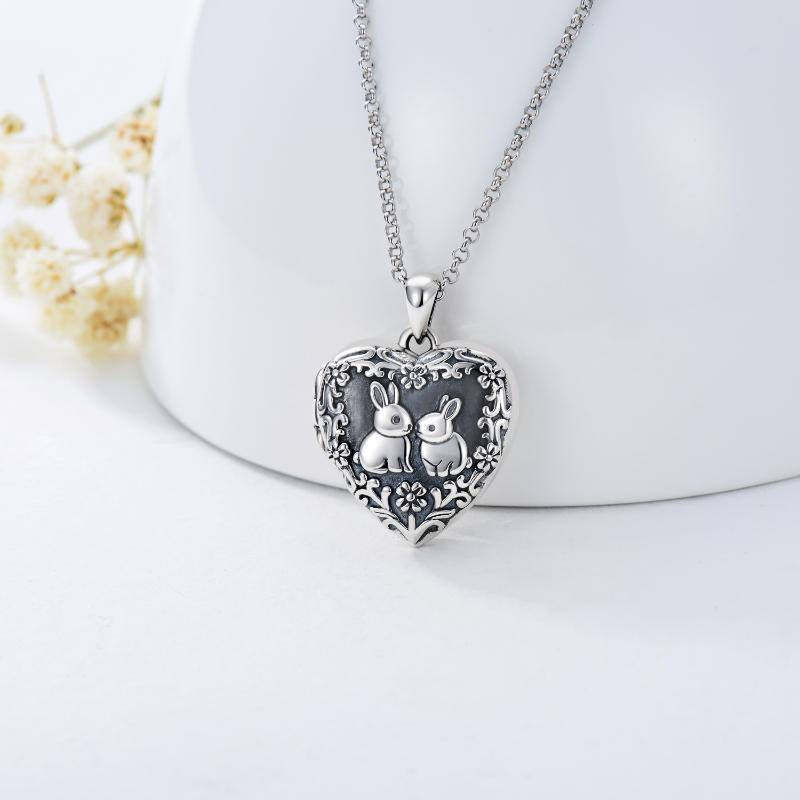 Sterling Silver Rabbit & Heart Personalized Photo Locket Necklace with Engraved Word-3