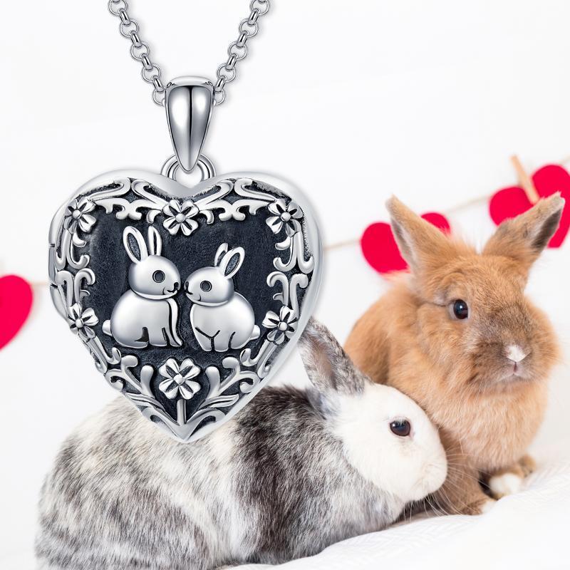Colar de prata esterlina com medalhão fotográfico personalizado com coelho e coração e pal-8