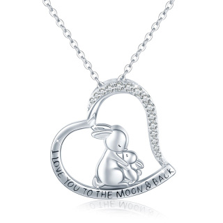 Sterling Silver Cubic Zirconia Rabbit & Heart Pendant Necklace with Engraved Word-37