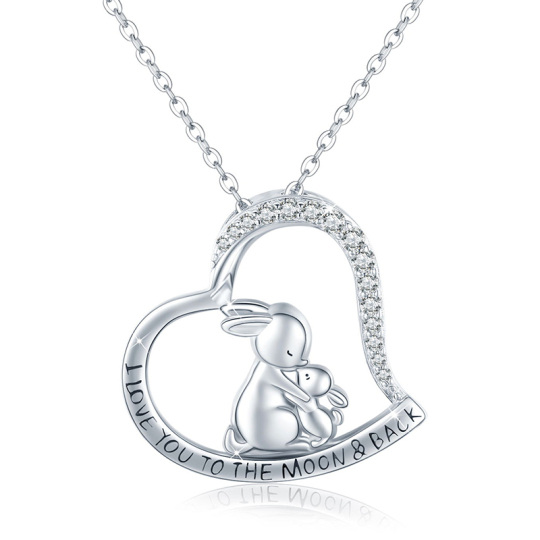 Sterling Silver Cubic Zirconia Rabbit & Heart Pendant Necklace with Engraved Word