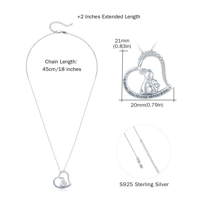 Sterling Silver Cubic Zirconia Rabbit & Heart Pendant Necklace with Engraved Word-5