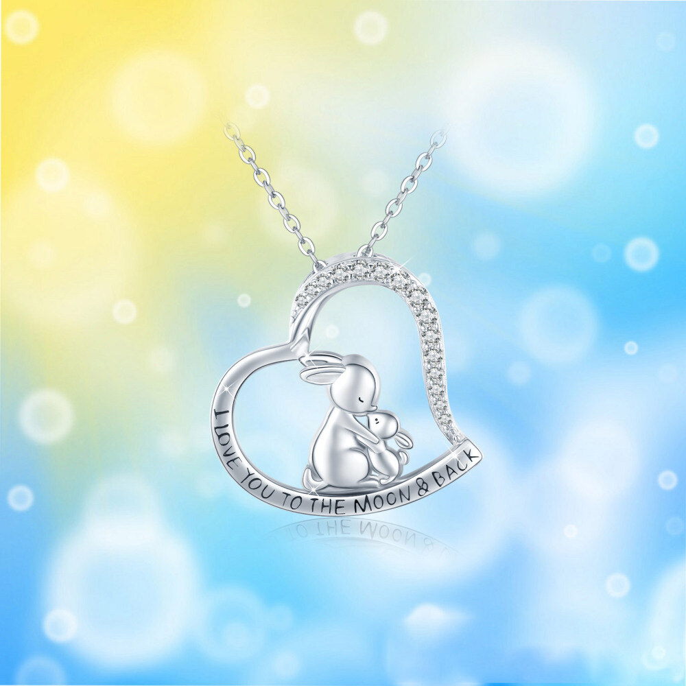 Sterling Silver Cubic Zirconia Rabbit & Heart Pendant Necklace with Engraved Word-3