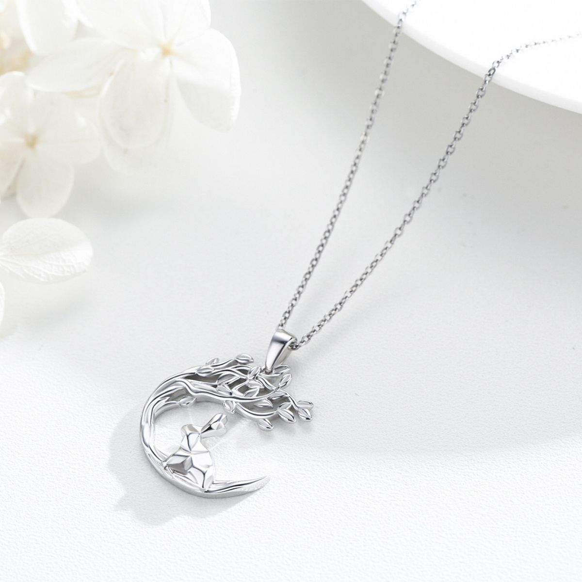 Sterling Silver Rabbit & Moon Pendant Necklace-3