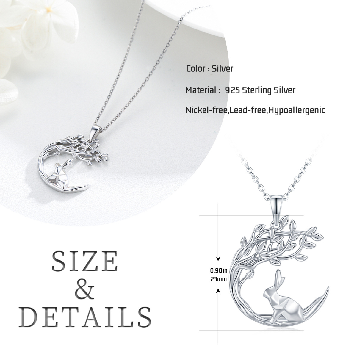 Sterling Silver Rabbit & Moon Pendant Necklace-5