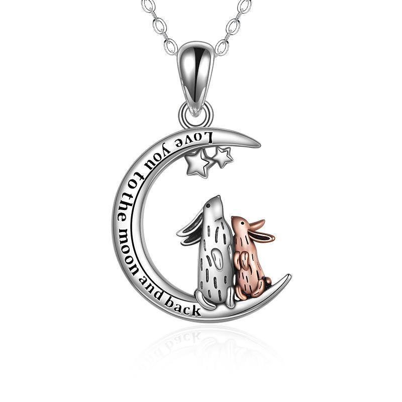 Sterling Silver Two-tone Rabbit & Moon & Star Pendant Necklace with Engraved Word-1