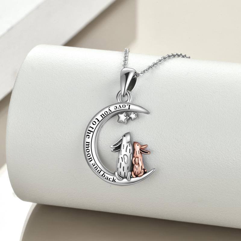 Sterling Silver Two-tone Rabbit & Moon & Star Pendant Necklace with Engraved Word-3