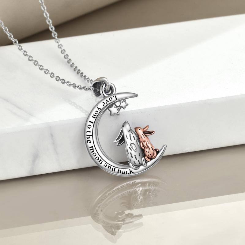 Sterling Silver Two-tone Rabbit & Moon & Star Pendant Necklace with Engraved Word-4