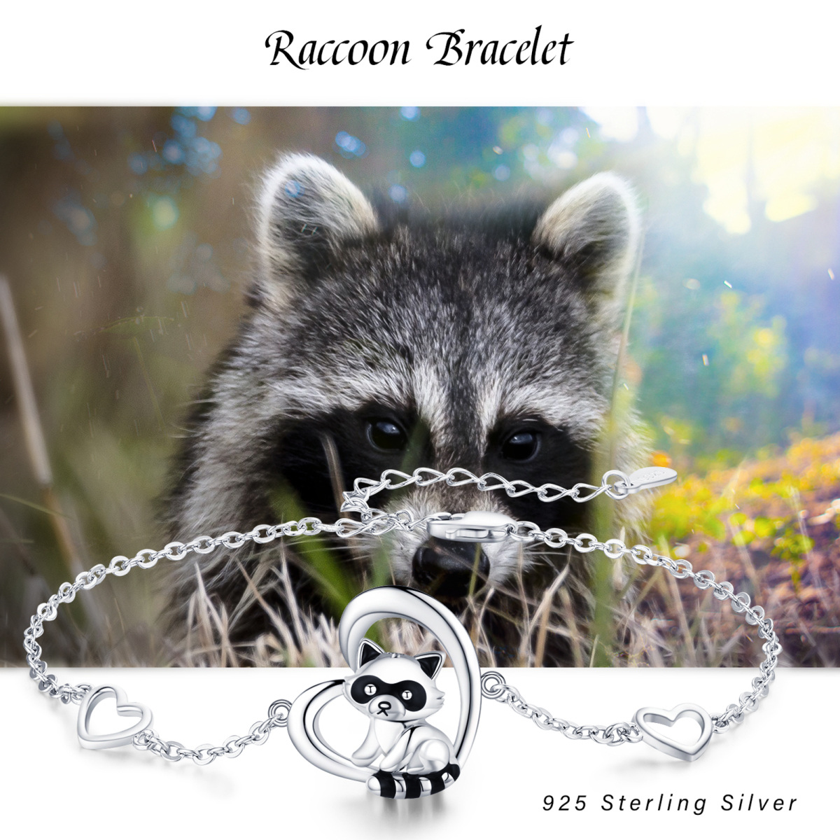 Sterling Silver Raccoon & Heart Charm Bracelet-4