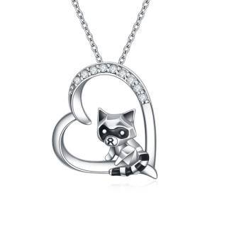 Sterling Silver Cubic Zirconia Raccoon & Heart Pendant Necklace-50