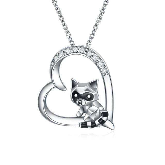 Sterling Silver Cubic Zirconia Raccoon & Heart Pendant Necklace-4