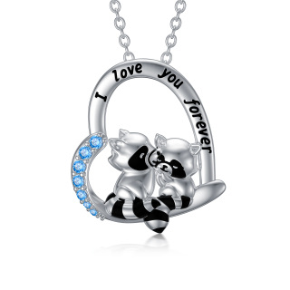 Sterling Silver Cubic Zirconia Raccoon & Heart Pendant Necklace with Engraved Word-3