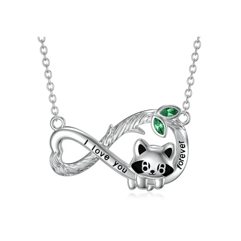 Collana con ciondolo a forma di procione e simbolo dell'infinito in argento sterling con parola incisa-1