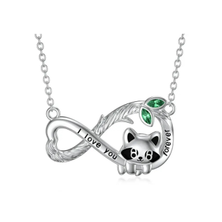 Sterling Silver Cubic Zirconia Raccoon & Infinity Symbol Pendant Necklace with Engraved Word-48