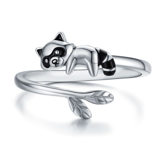 Sterling Silver Raccoon & Leaves Open Ring-2