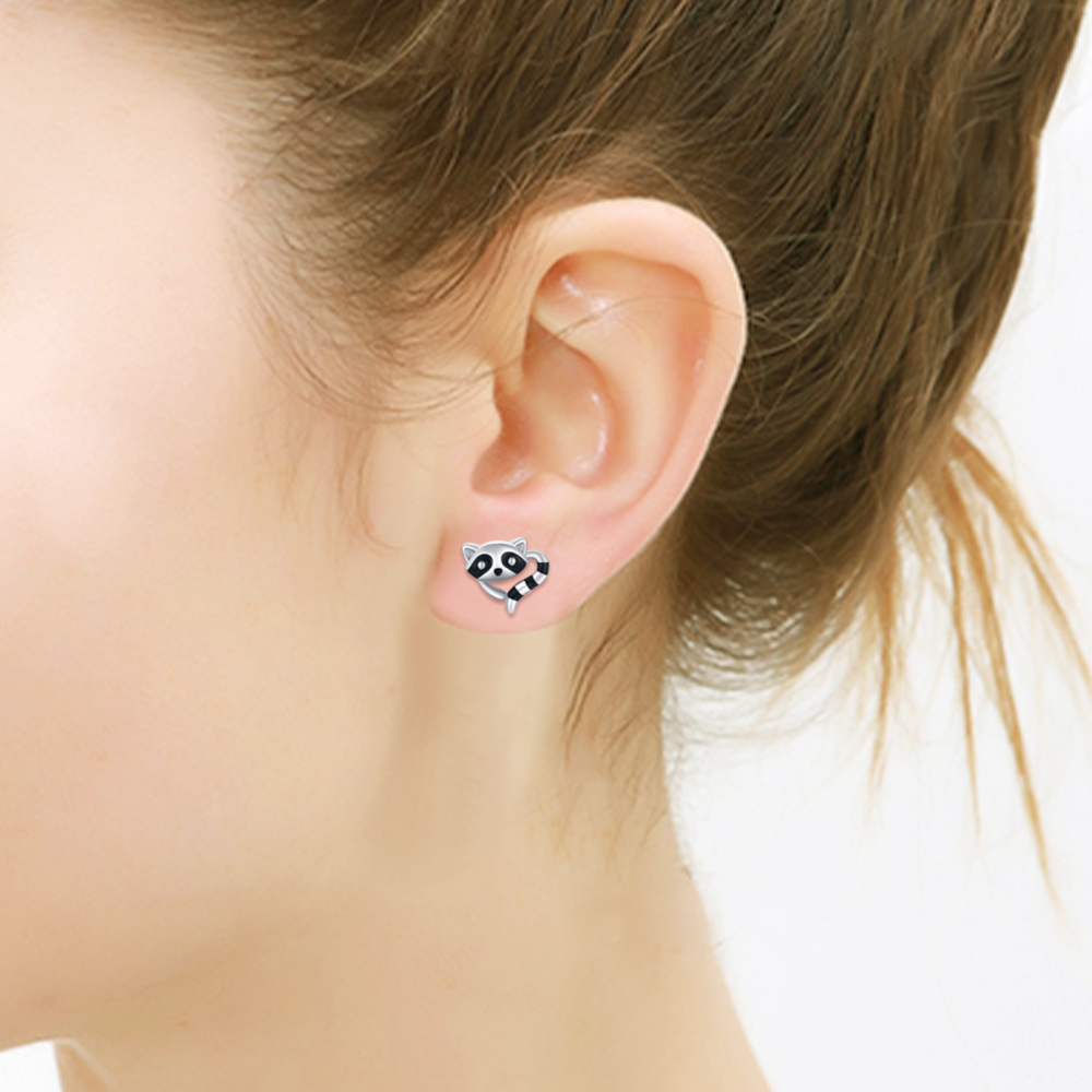 Pendientes de plata de ley con forma de mapache-2