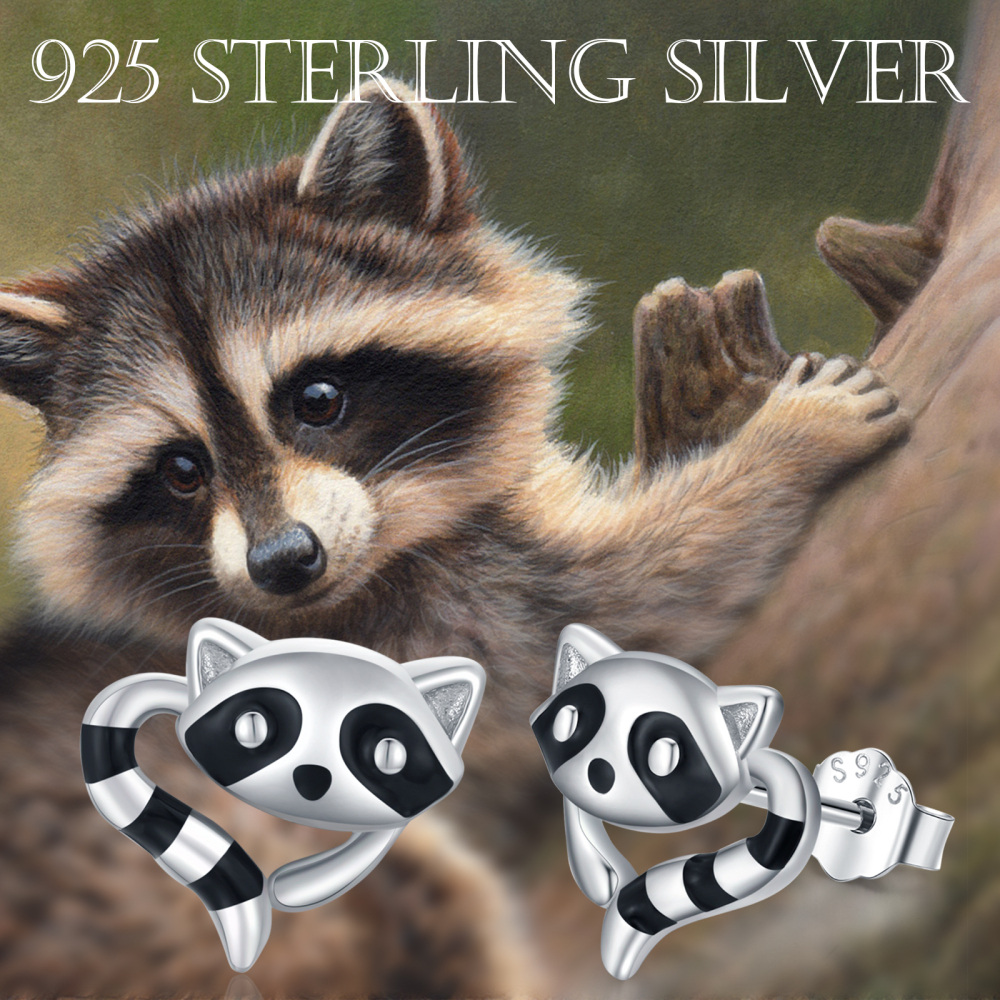 Pendientes de plata de ley con forma de mapache-4