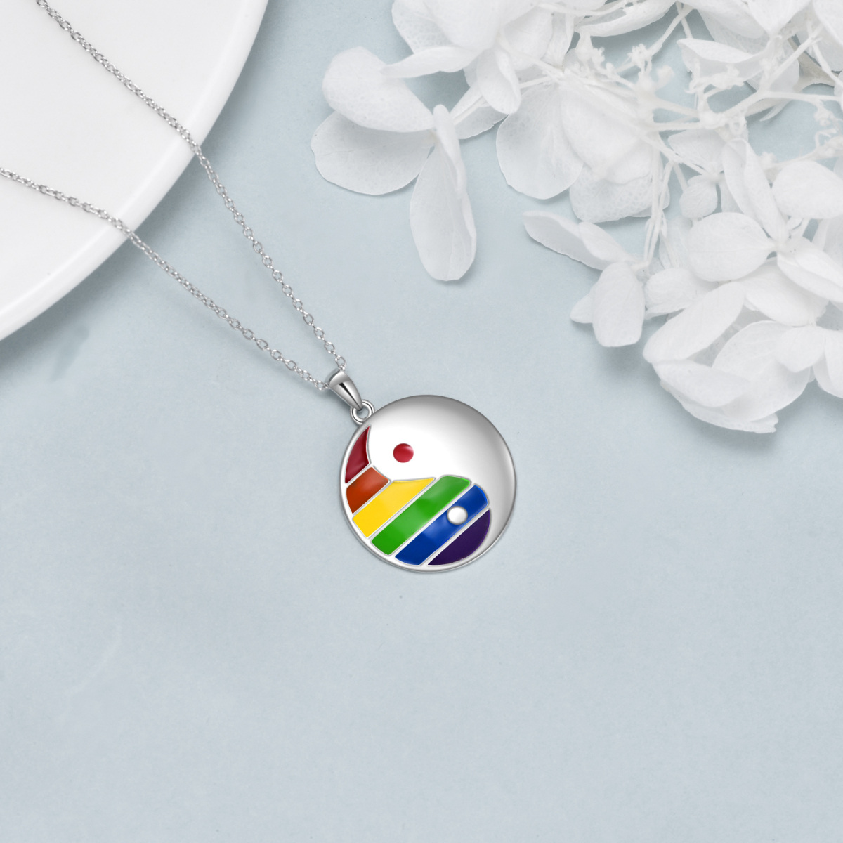 Sterling Silver Rainbow & Round Pendant Necklace-4