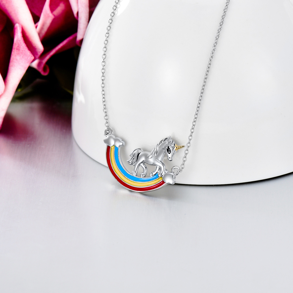 Sterling Silver Rainbow & Unicorn Pendant Necklace-3