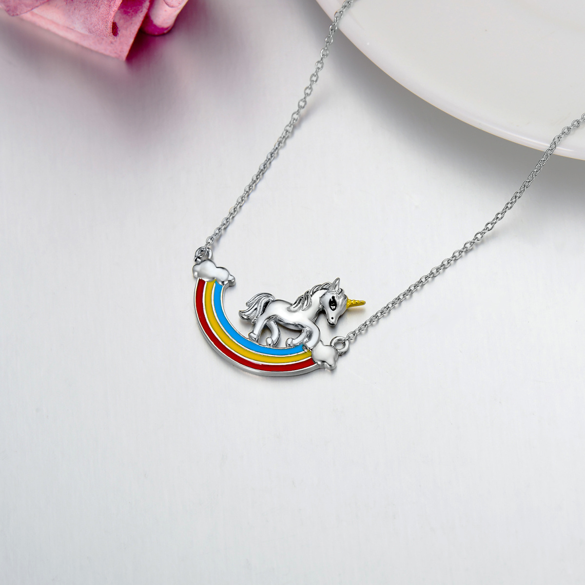 Collar Colgante Arco Iris y Unicornio en Plata de Ley-4