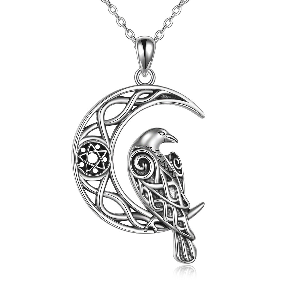 Retro Silver Raven With Celtic Knot Moon Pendant Necklace In Sterling Silver For Women-1
