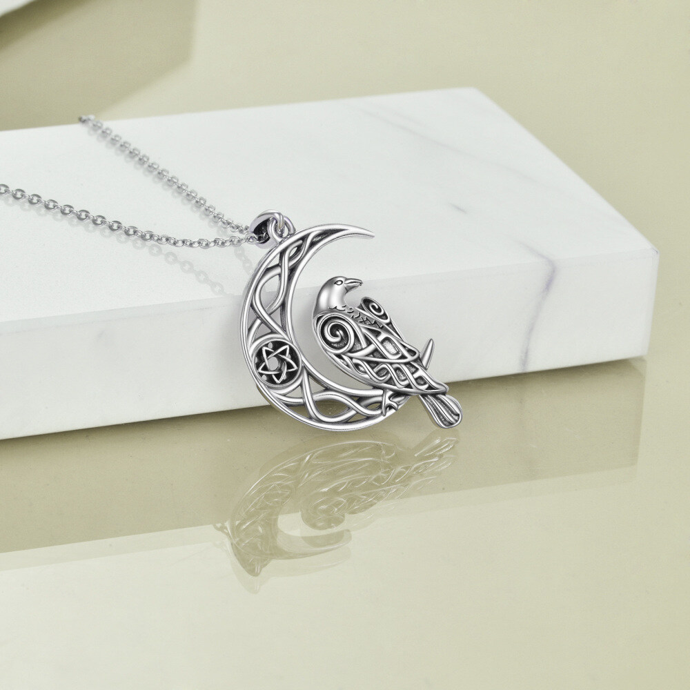 Retro Silver Raven With Celtic Knot Moon Pendant Necklace In Sterling Silver For Women-3