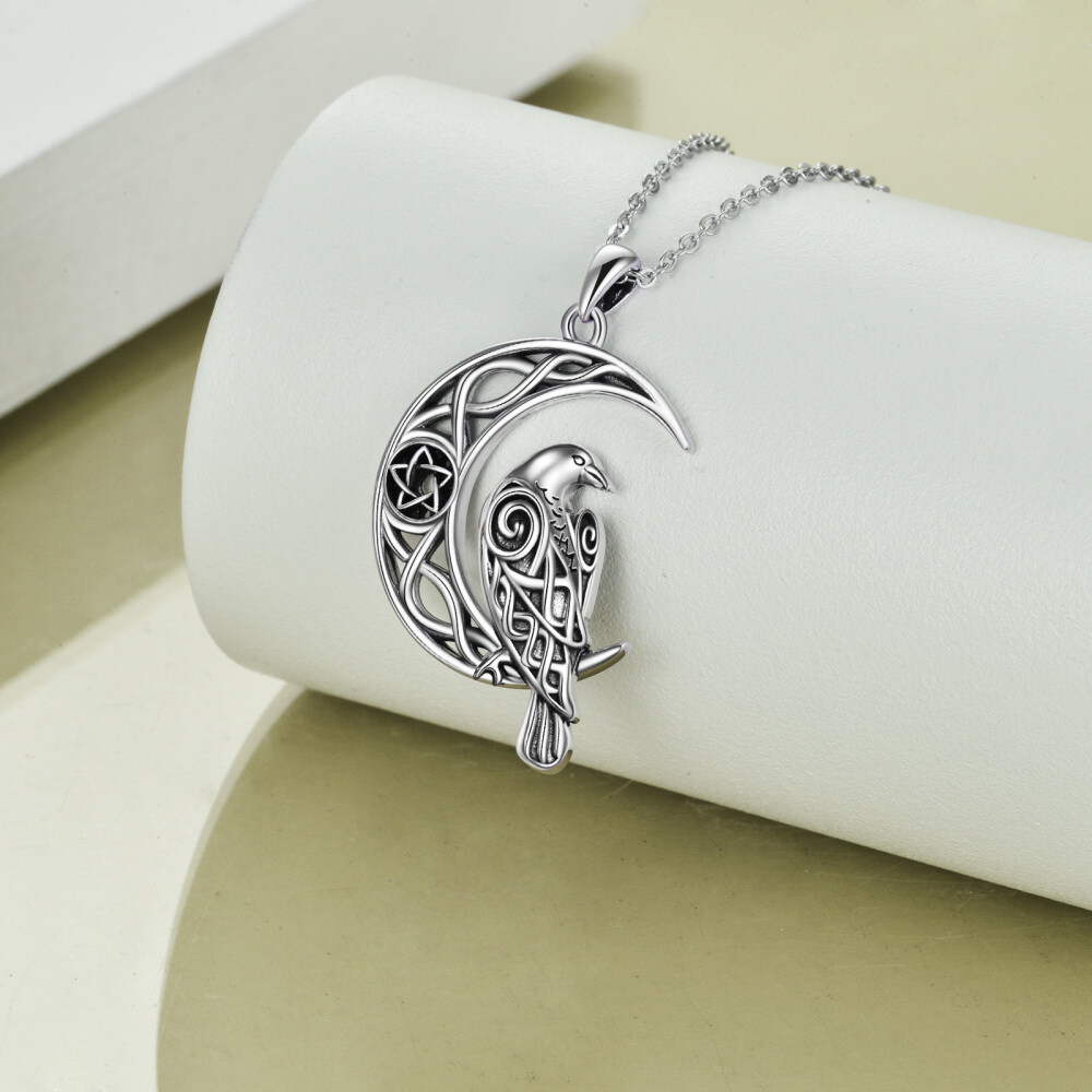 Retro Silver Raven With Celtic Knot Moon Pendant Necklace In Sterling Silver For Women-4