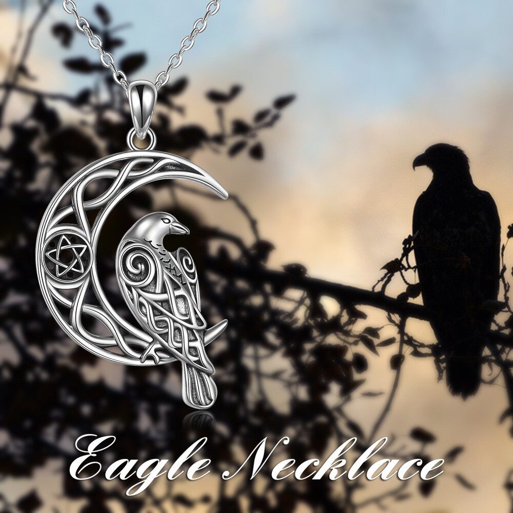 Retro Silver Raven With Celtic Knot Moon Pendant Necklace In Sterling Silver For Women-5