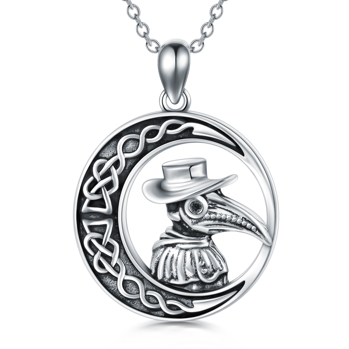 Sterling Silver Raven Celtic Knot Moon & Plague Doctor Pendant Necklace For Women-1