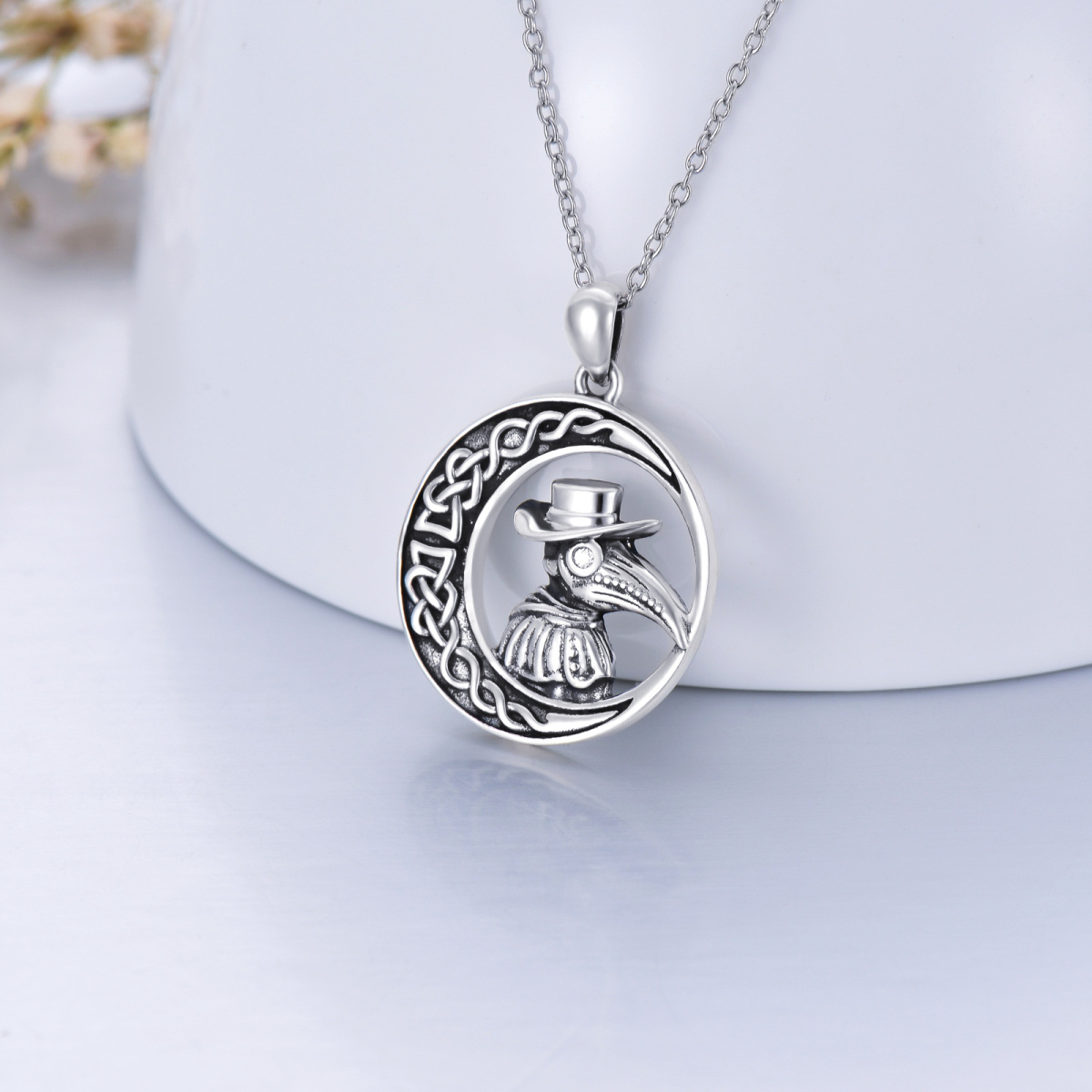 Sterling Silver Raven Celtic Knot Moon & Plague Doctor Pendant Necklace For Women-3