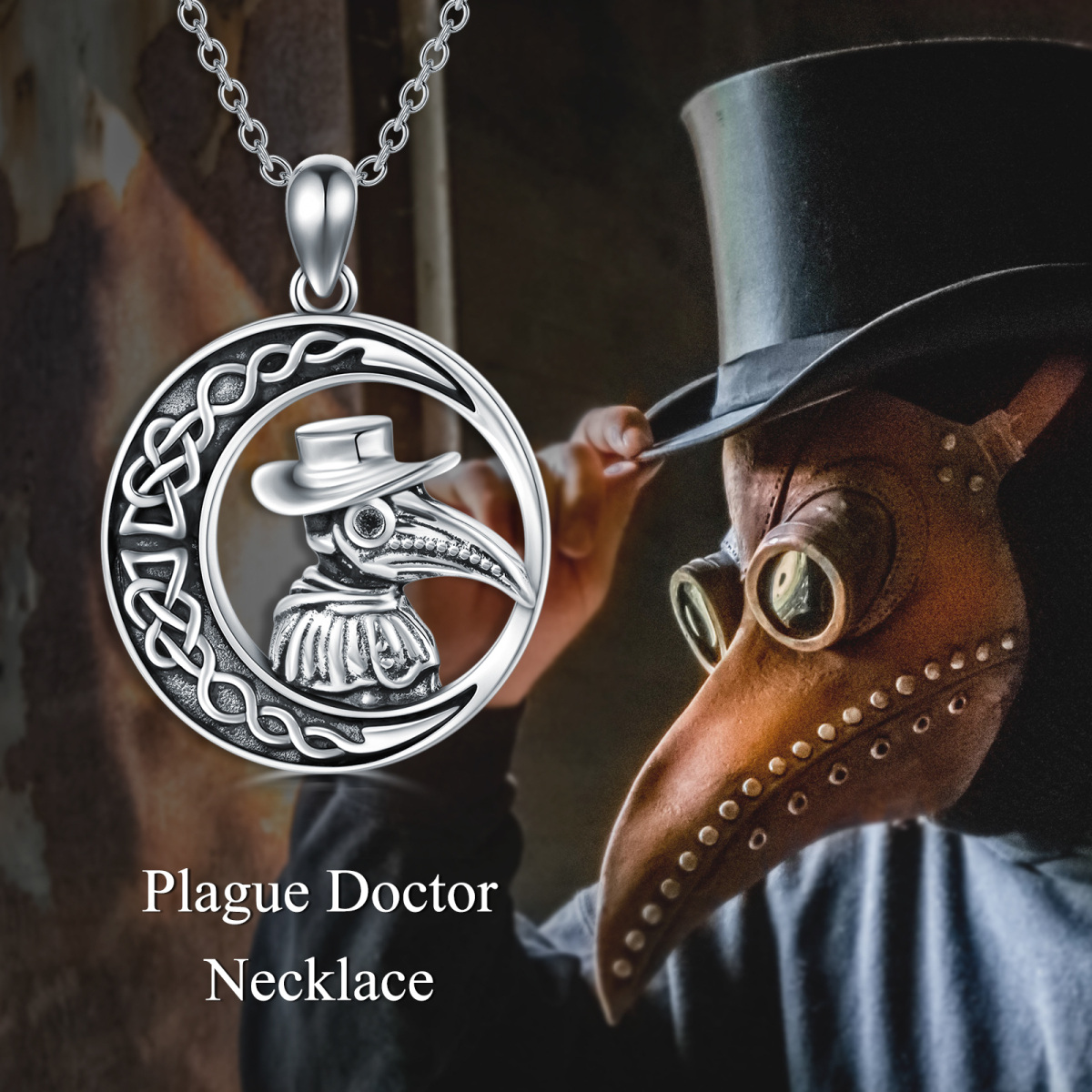 Sterling Silver Raven Celtic Knot Moon & Plague Doctor Pendant Necklace For Women-6