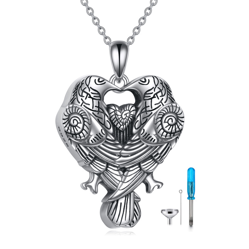 Collana d'argento con corvo e cuore per le ceneri da uomo