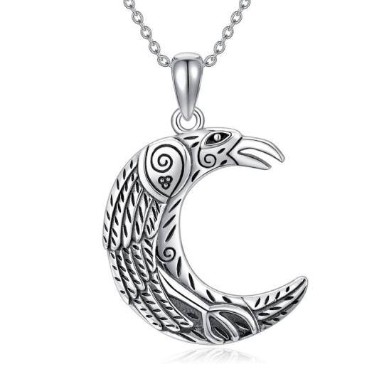 Collana con ciondolo a forma di corvo e luna in argento sterling