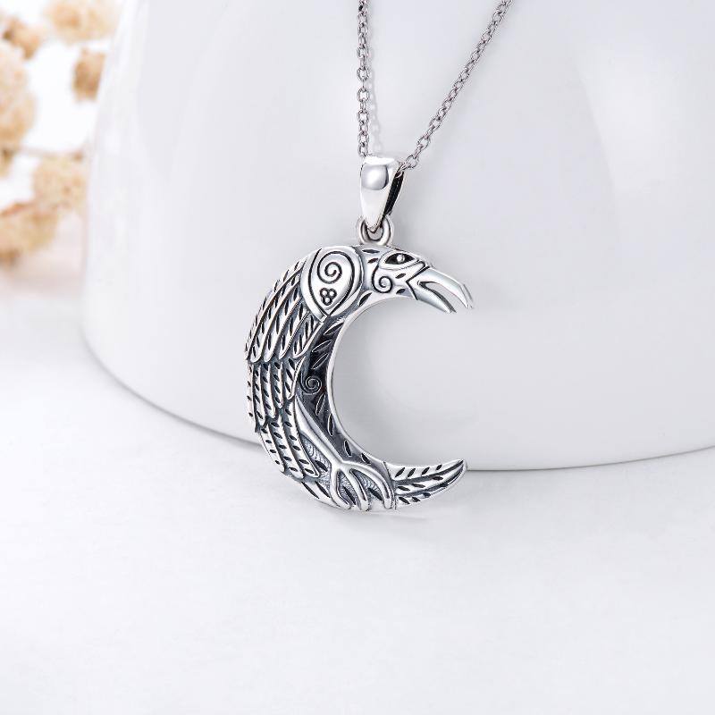 Sterling Silver Raven & Moon Pendant Necklace-3