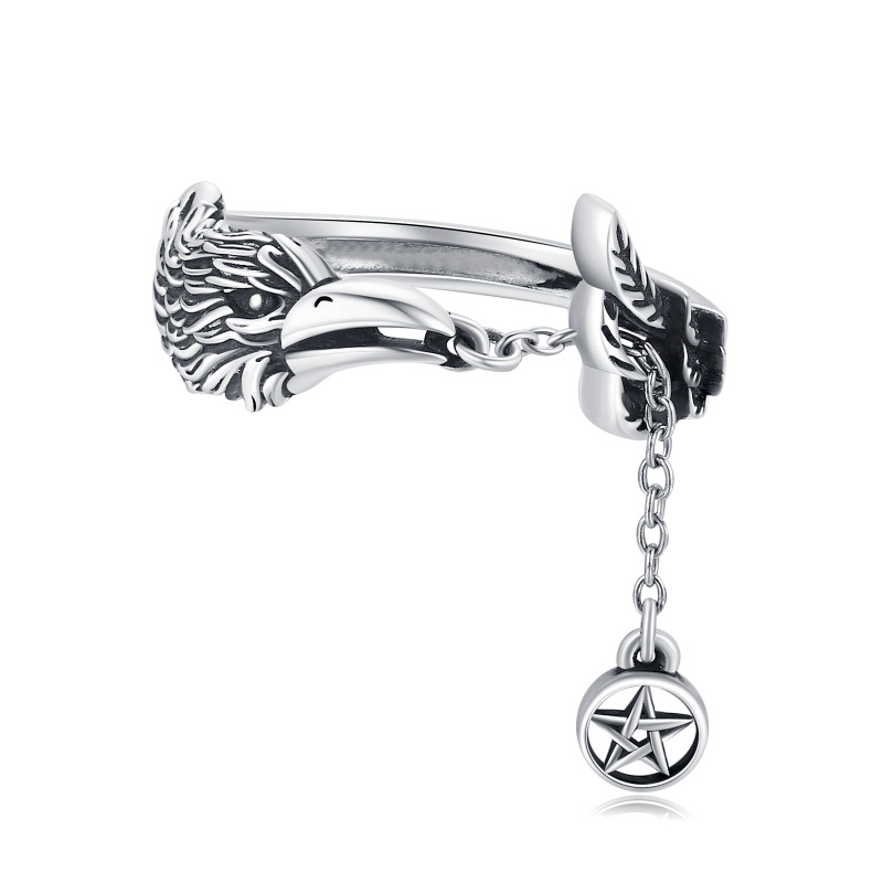 Sterling Silver Raven & Pentagram Open Ring-12