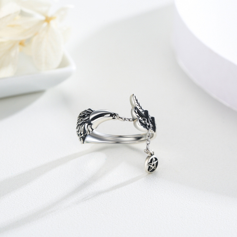 Sterling Silver Raven & Pentagram Open Ring-3