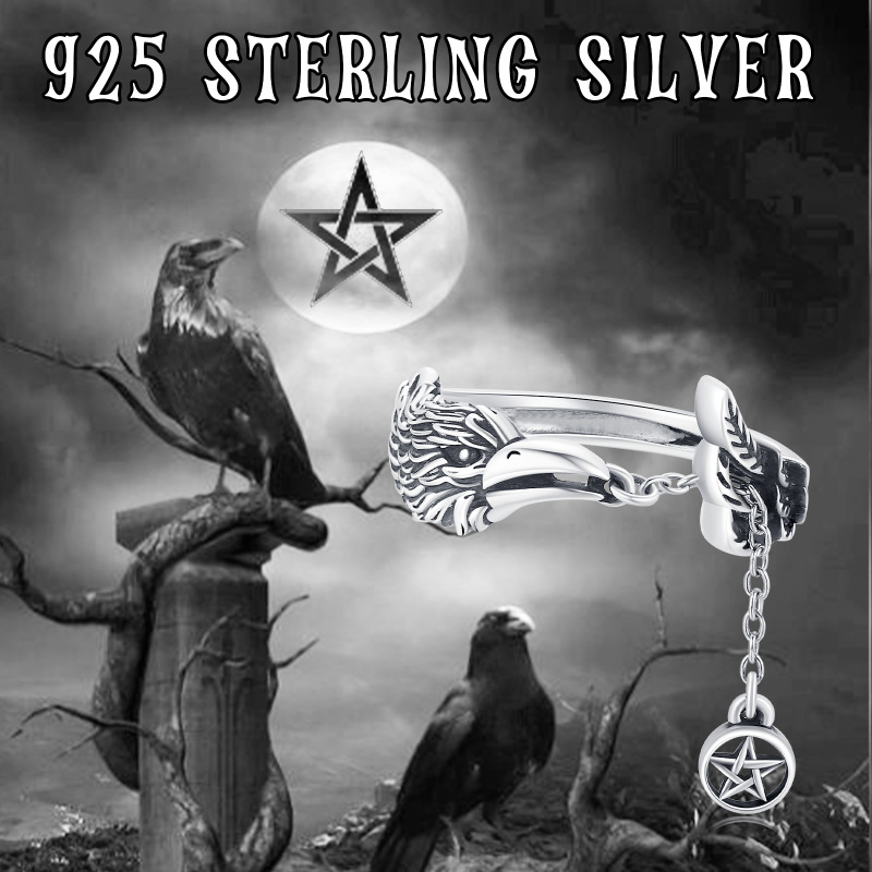 Sterling Silver Raven & Pentagram Open Ring-4