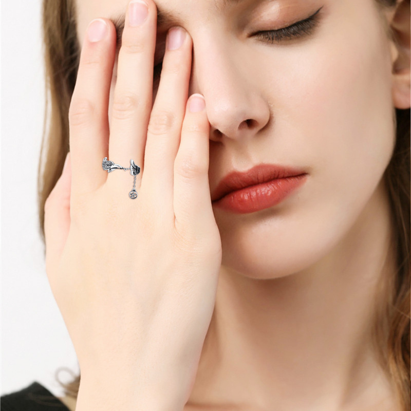 Sterling Silver Raven & Pentagram Open Ring-5