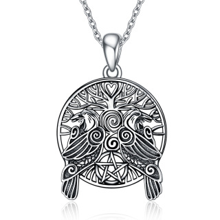 Sterling Silver Raven & Tree Of Life Pentagram Pendant Necklace For Men-5