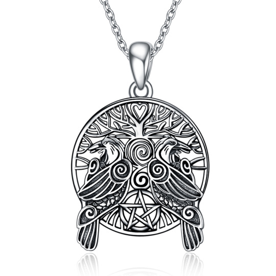 Sterling Silver Raven & Tree Of Life & Pentagram Pendant Necklace