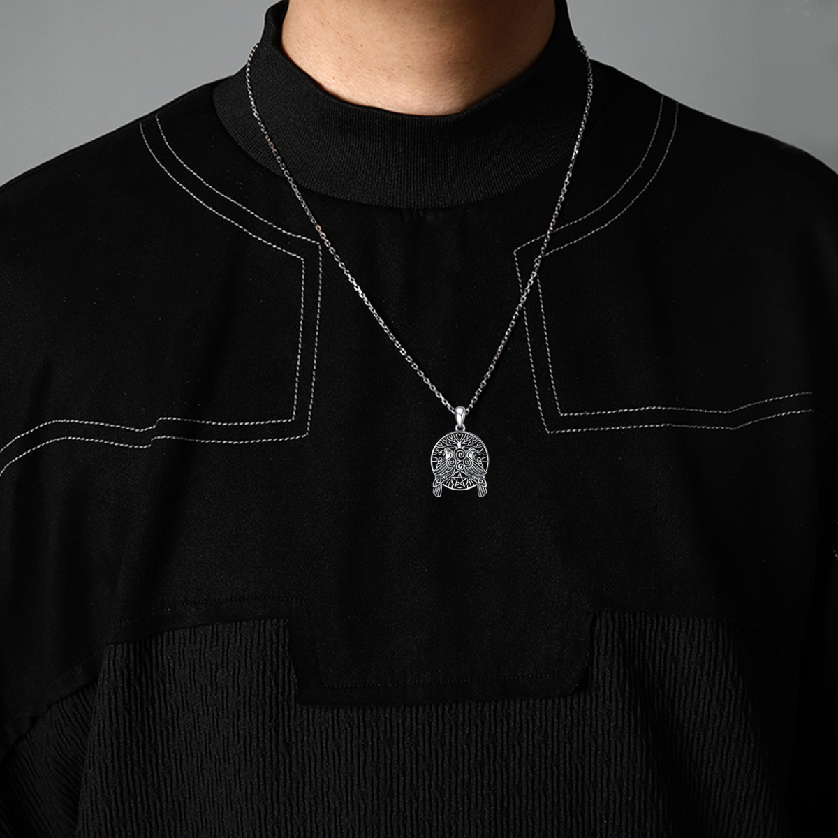 Collar con colgante de pentagrama de cuervo y árbol de la vida de plata de ley para hombre-3