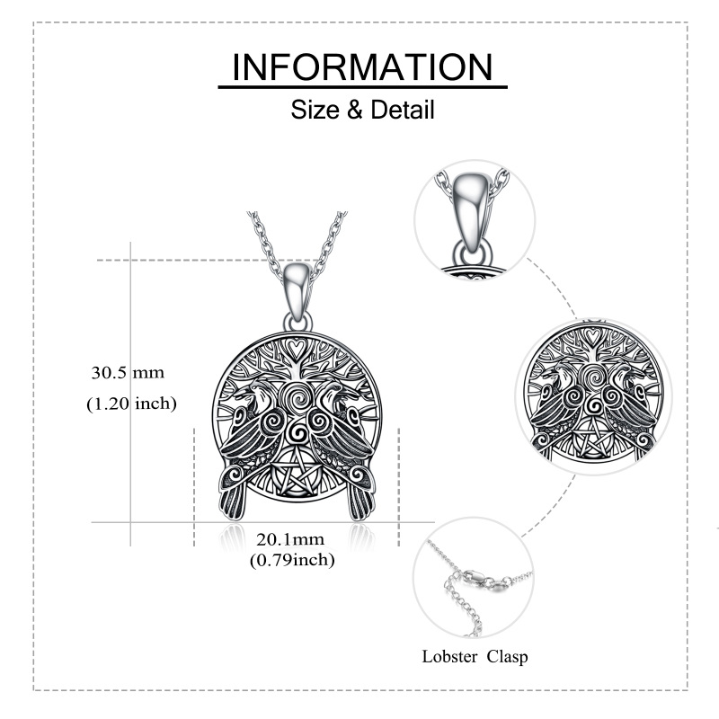 Collar con colgante de pentagrama de cuervo y árbol de la vida de plata de ley para hombre-6