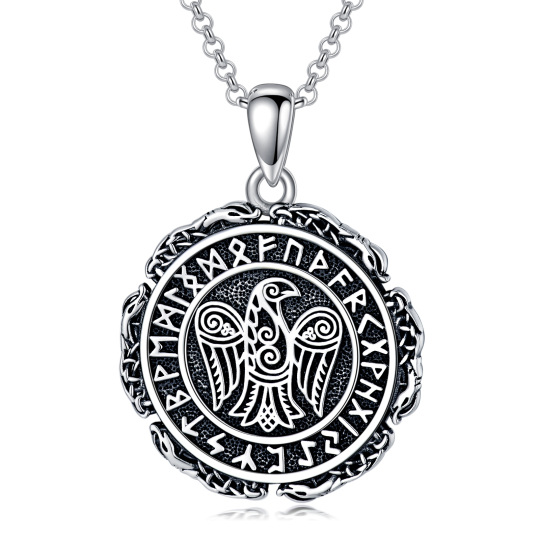 Sterling Silver Raven & Viking Rune Pendant Necklace