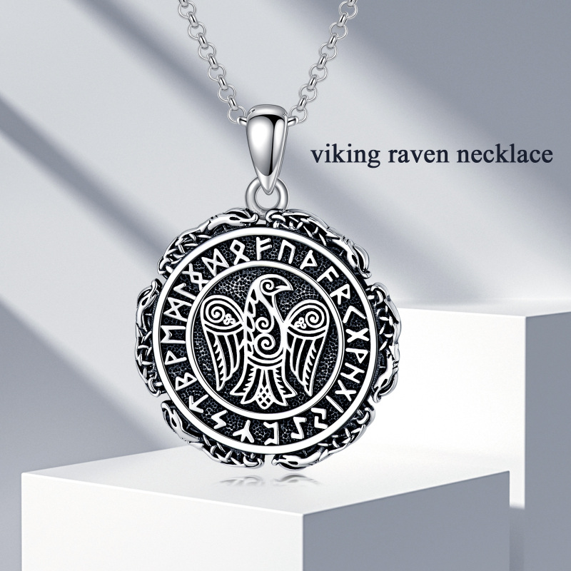 Collier en argent sterling avec pendentif corbeau et rune viking-3