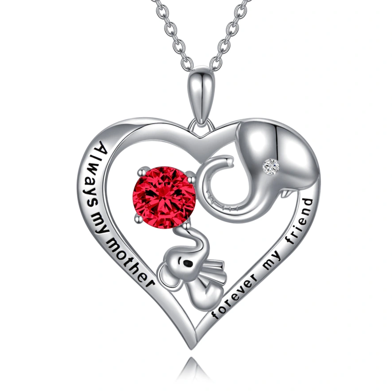 Sterling Silver Red Crystal Elephant Heart Engraved Necklace for Women-1