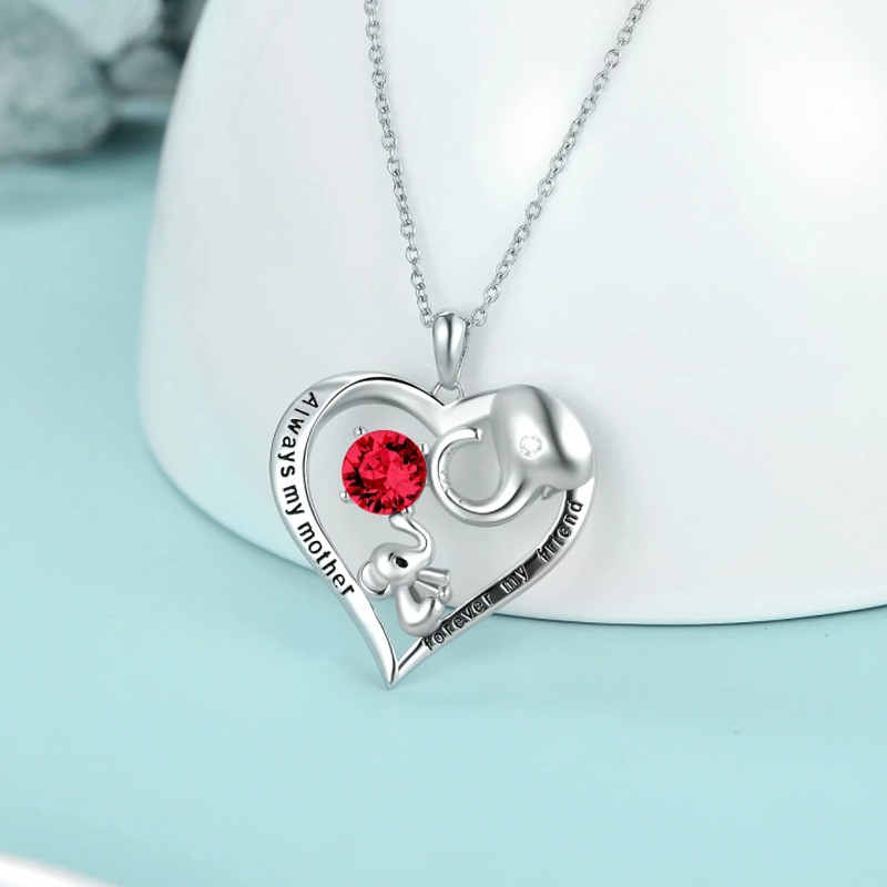 Sterling Silver Red Crystal Elephant Heart Engraved Necklace for Women-2