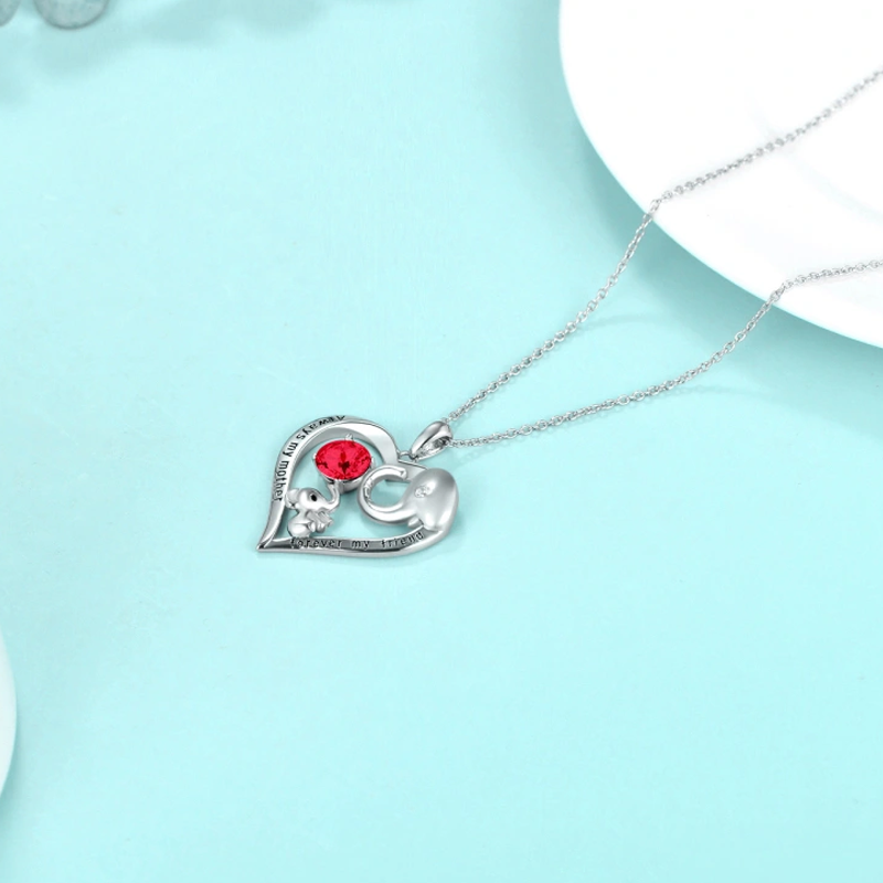 Sterling Silver Red Crystal Elephant Heart Engraved Necklace for Women-3