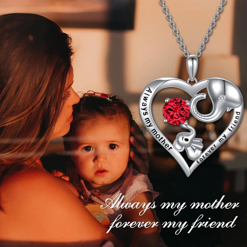 Sterling Silver Red Crystal Elephant Heart Engraved Necklace for Women-4