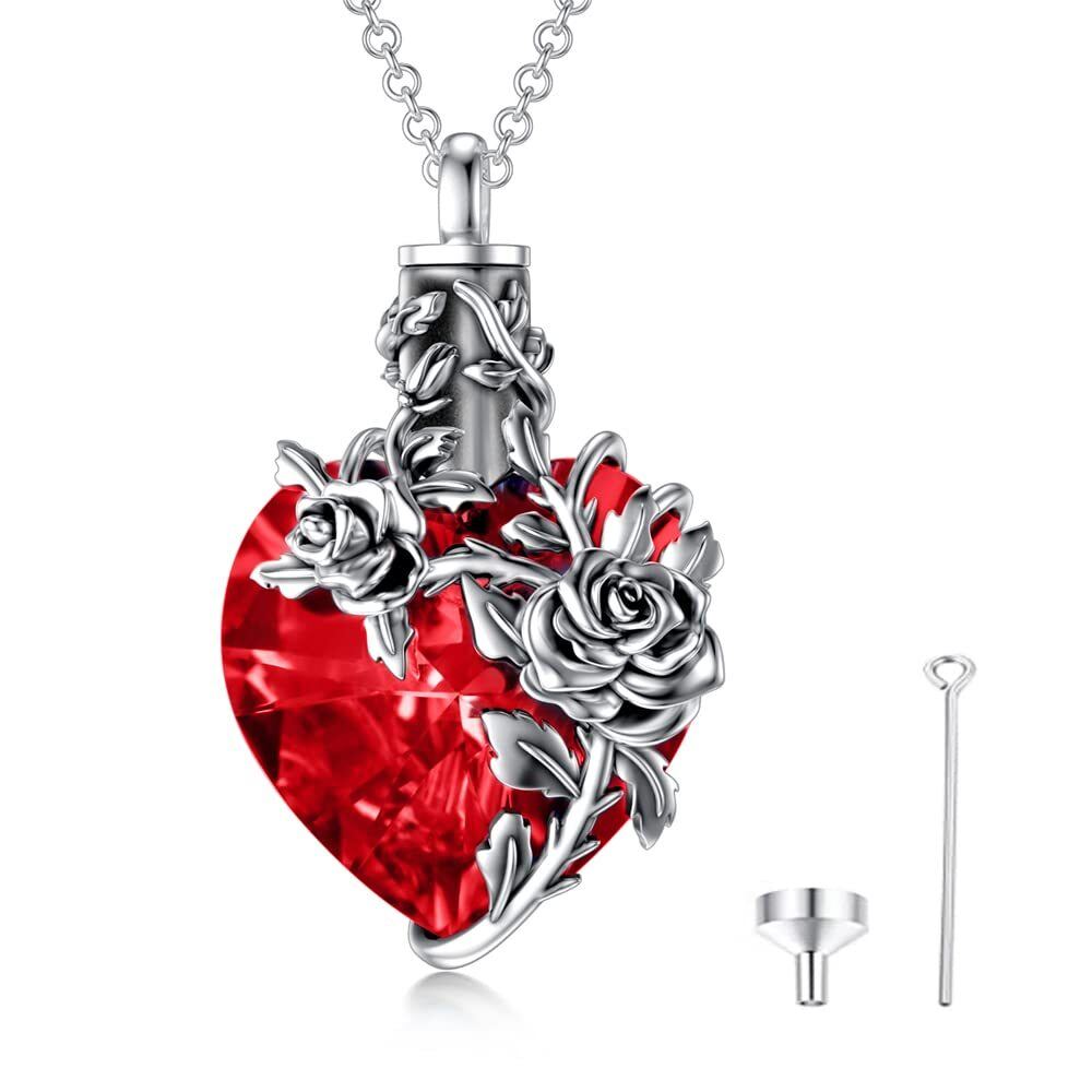 Collana con urna per cremazione in argento sterling con cuore rosso e cristallo rosa per ceneri da donna-1