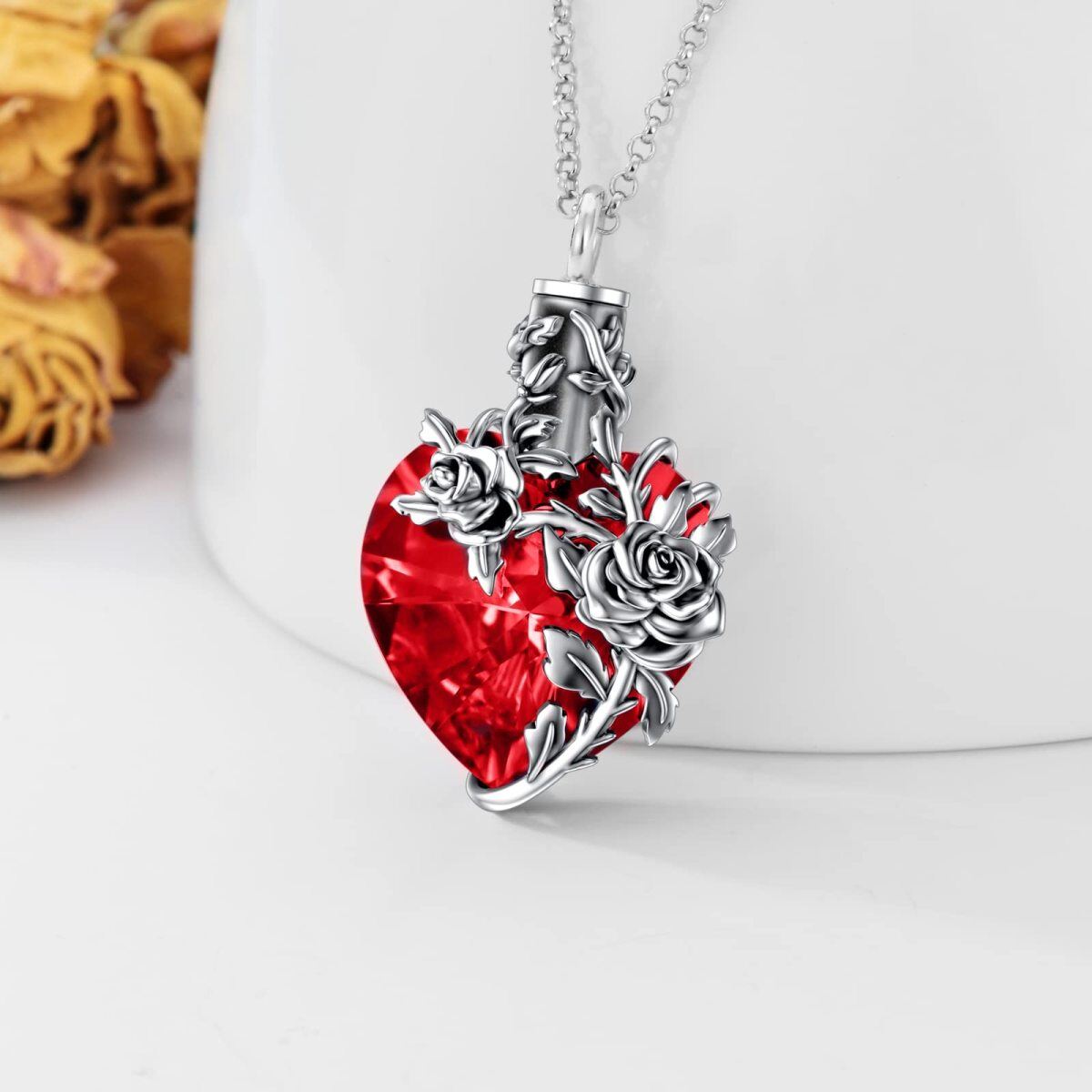 Collana con urna per cremazione in argento sterling con cuore rosso e cristallo rosa per ceneri da donna-3